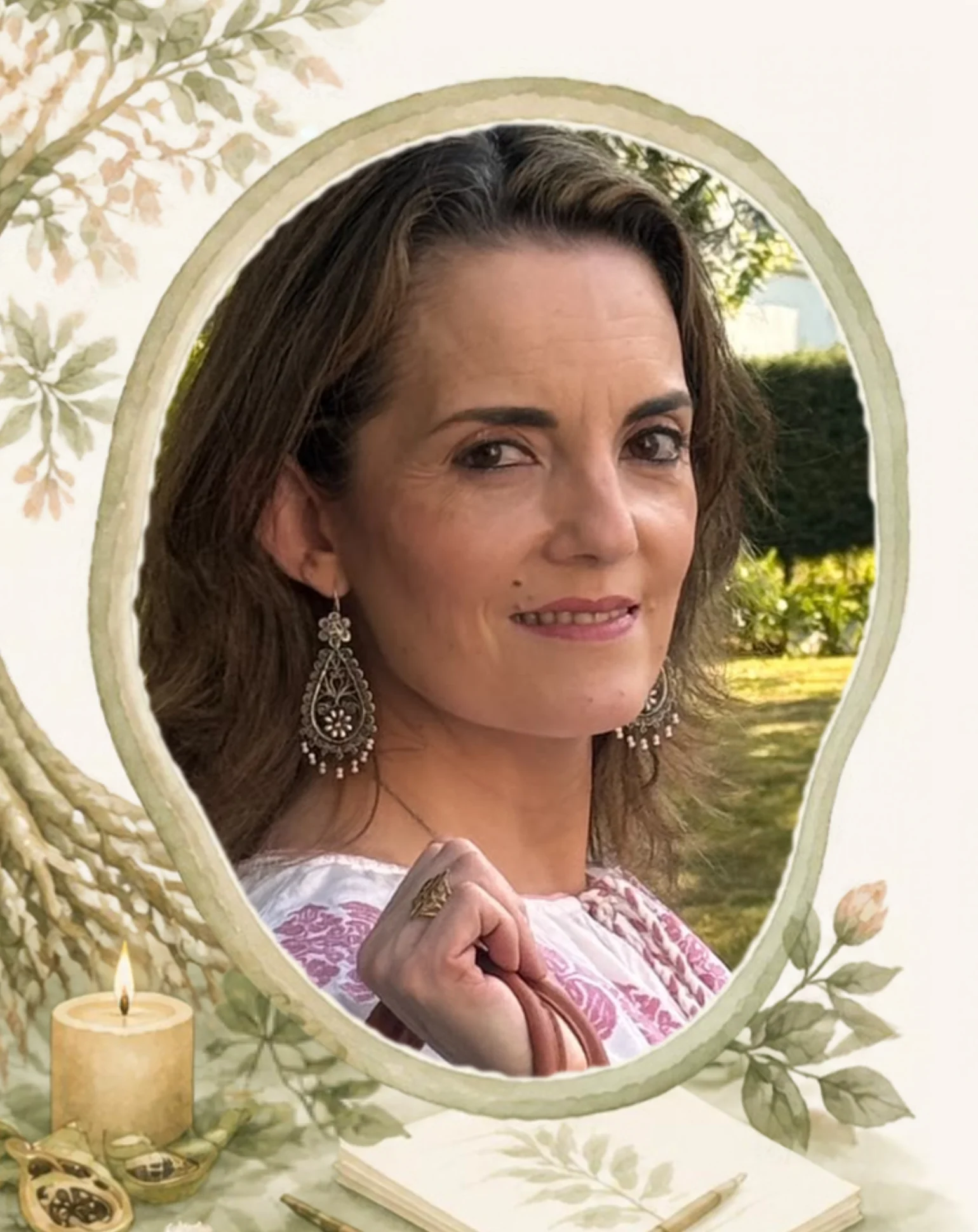 Ana Esquivel, facilitadora de Duelos y Raíces, dentro de un marco de acuarela