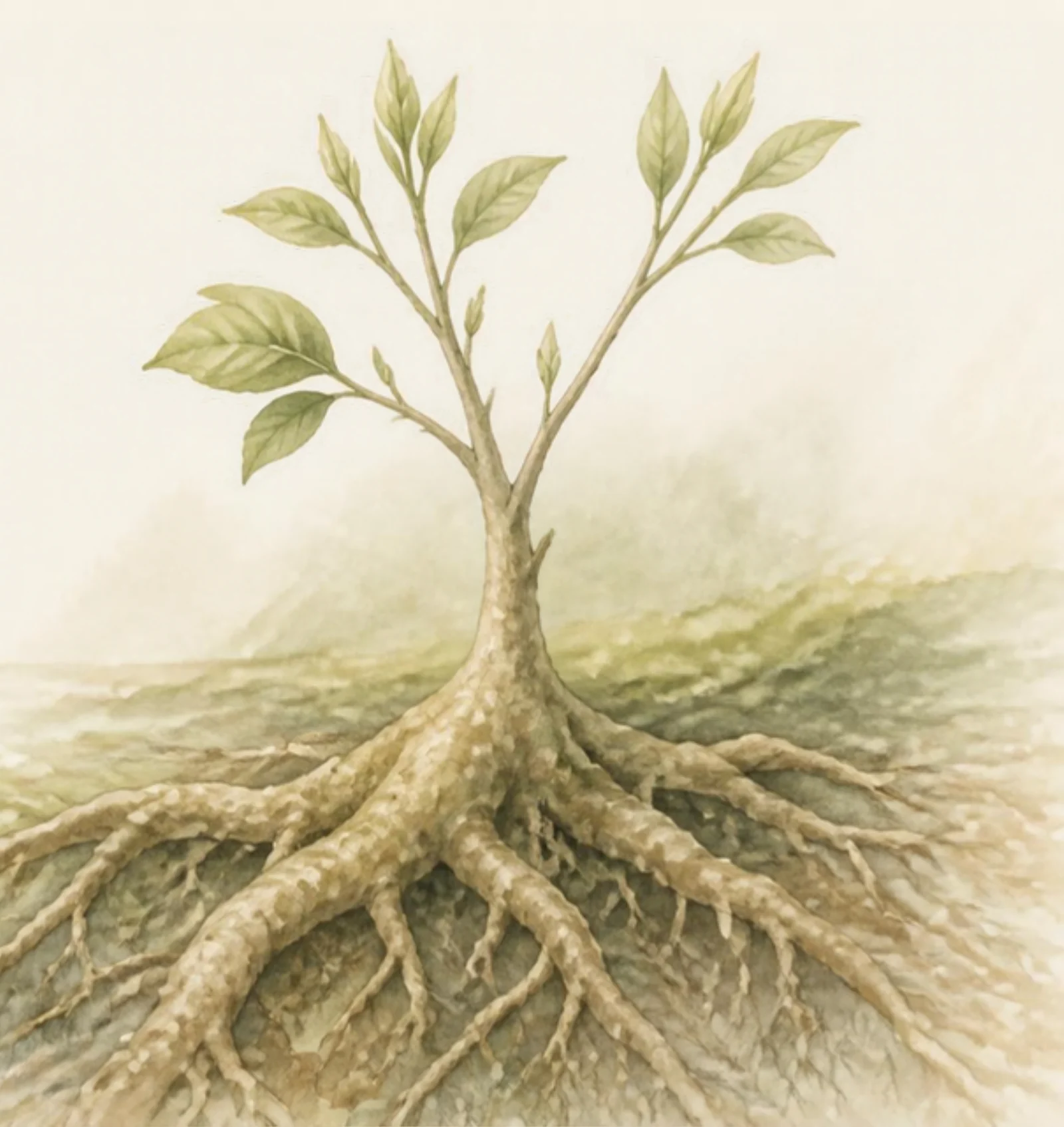 Un árbol joven que brota de raíces antiguas