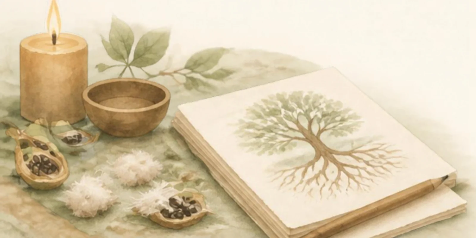 Vela, cuenco, semillas de ceiba y un cuaderno con un árbol dibujado